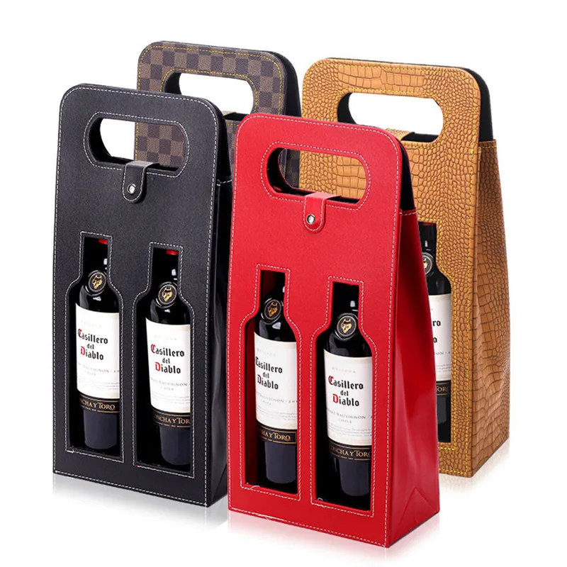 

Двойная винная бутылка упаковка пустых коробок кожаный, с кнопкой с видимым окном для хранения напитков, виски, бренди, пива