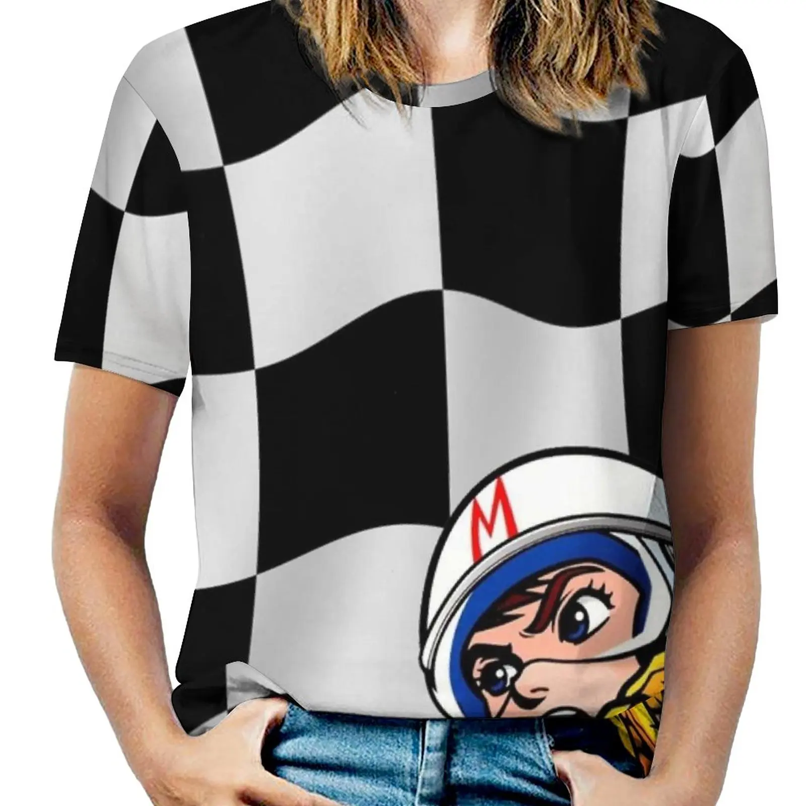 

Checkered Flag! Women T-Shirt Crewneck Casual Short Sleeve Tops Summer Tees Mach 5 Mach V Racer X Trixie Japan