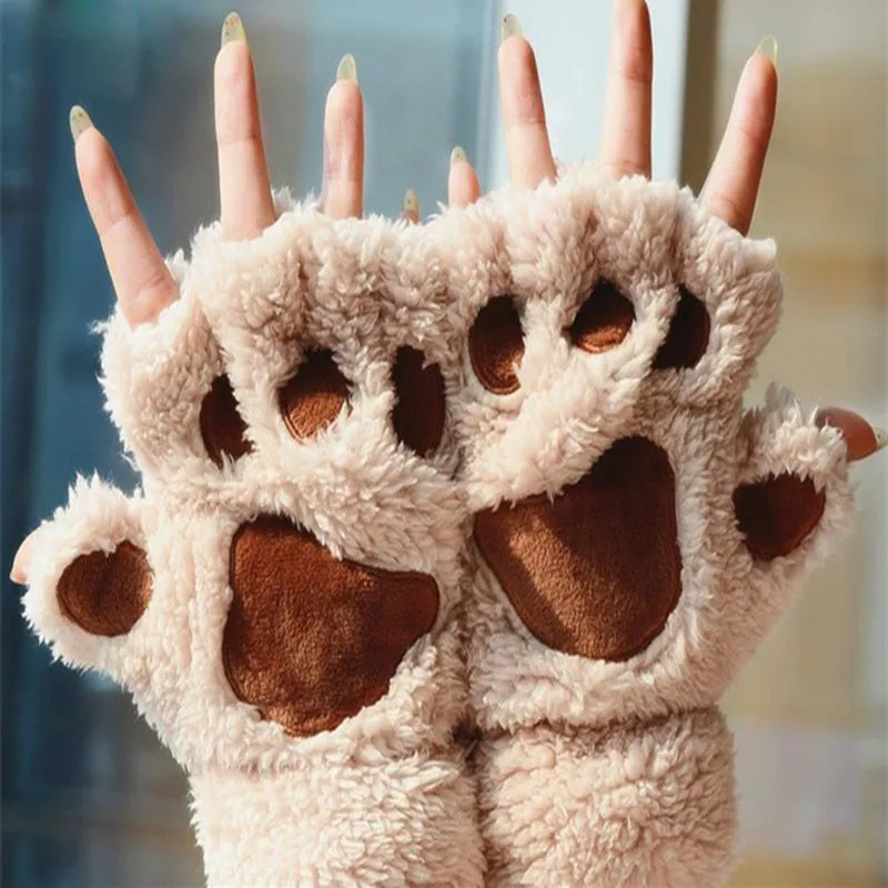 

Women Cute Cat Claw Paw Plush Mittens Warm Soft Plush Short Fingerless Fluffy Half Finger Winter Warm Gloves Party Gifts