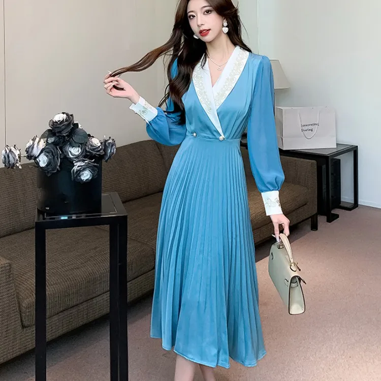 

2023 Spring Ladies Office OL Party Dress Robe For Women Vintage Embroidery Lapel Slim Casual Pleated Midi Dress Vestidos