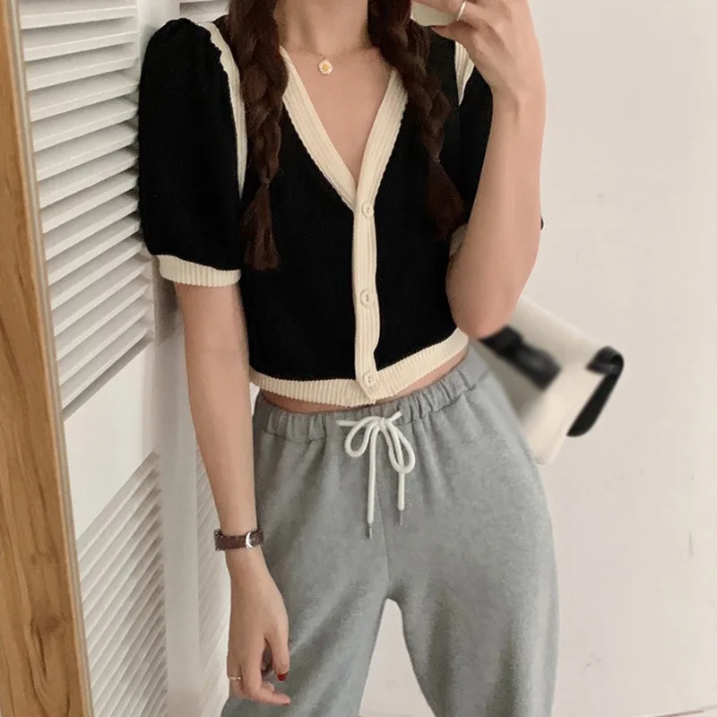 

Женский укороченный топ, однобортная Повседневная футболка, вязаный кардиган с V-образным вырезом