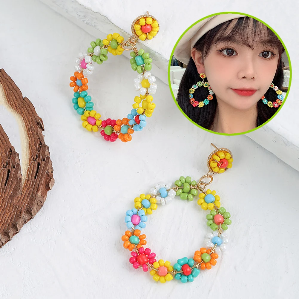 

Color Braid Korean Geometric Round Handmade Flower Rice Ball Earring Women Fashion Bohemian Statement Jewelry Dynamism Cute Gift