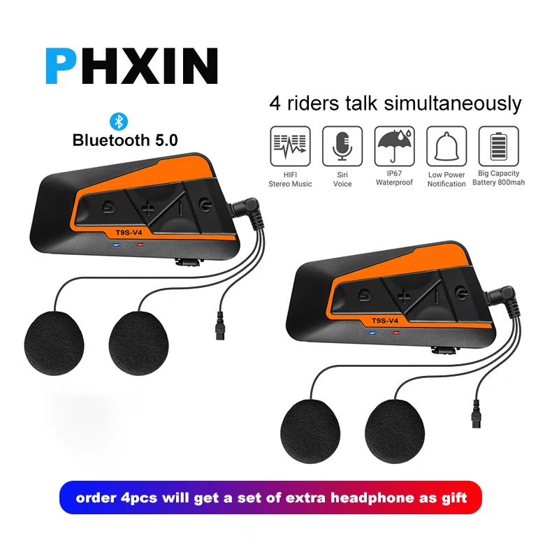PHXIN 2pcs Bluetooth Intercom Motorcycle Helmet Intercom Headsets 1600M 4 Riders,Bluetooth 5.0 Wireless Communication Interphone