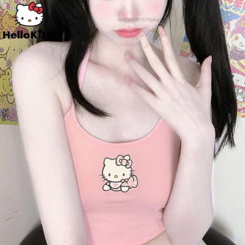 

Женский летний короткий топ-майка Sanrio, с мультяшным принтом Hello Kitty, сексуальный короткий топ на бретелях для студенток, Y2k