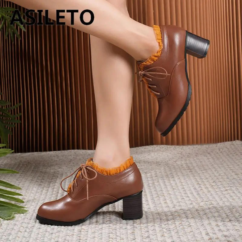 Женские туфли-лодочки ASILETO в стиле ретро с круглым носком на массивном каблуке 5