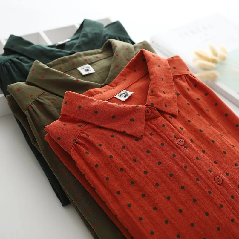 

Women Dot Print Shirts Cotton Yarn Blouses Long Sleeve Lady Tops Female Clothes Autumn New Arrivals