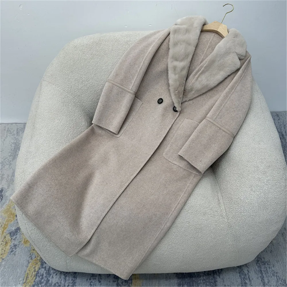 High End Double-Faced Cashmere Coat For Women 2024 Autumn and Winter Loose Mink Fur Collar Over-Knee Long Wool Outerwear