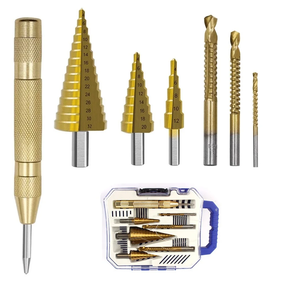

7Pcs Step Drill Bit Saw Drill Set Center Punch Titanium Milling Cutter 4-12 4-20 4-32mm 3 6 8mm Woodwork Metal Core Hole Opener