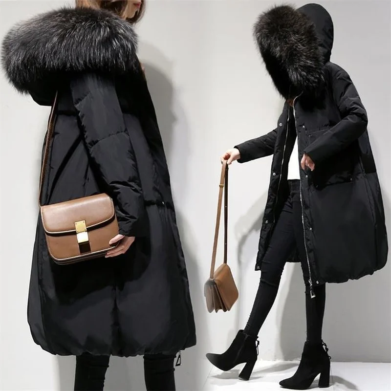 Fashion Casual Big Fur Collar Warm Ladies Jacket Windbreaker New Mid-length Winter Women Coats Hooded Down Cotton Jackets Parkas