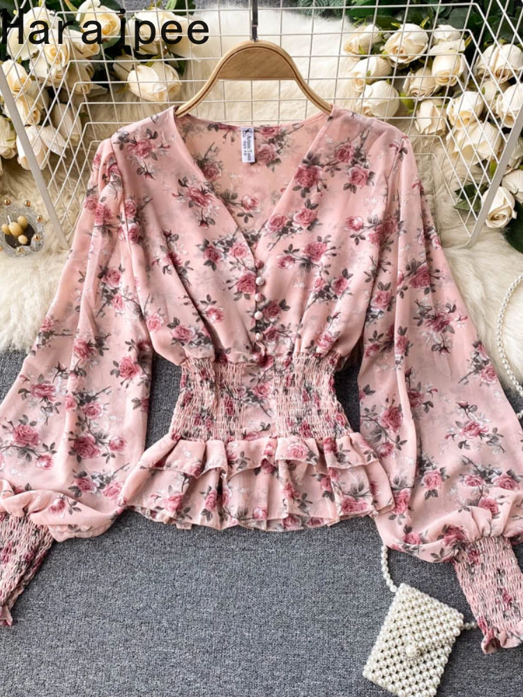 

Harajpee Chiffon Shirt Sweet Printing Fungus Slim Waist V Neck Puff Sleeve Pullover Spring Summer New Casual Women Short Tops
