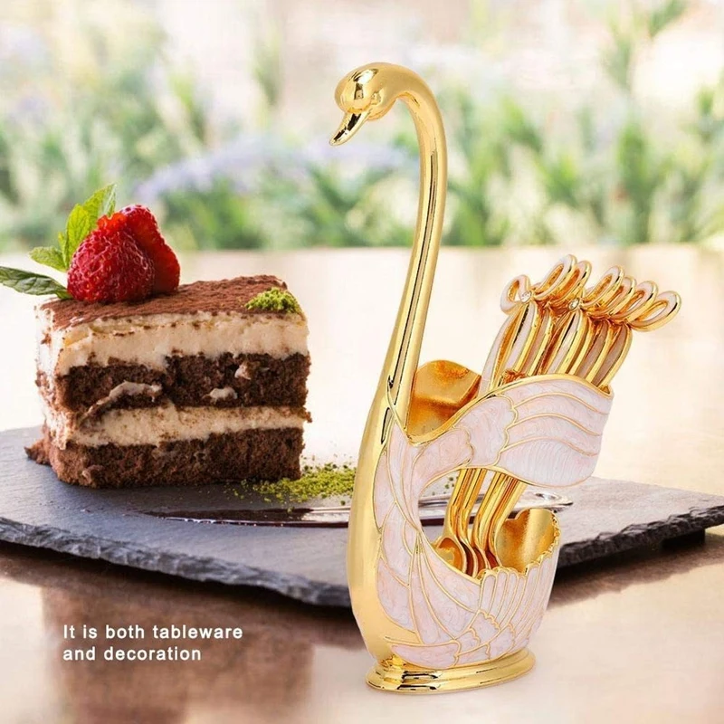 

Metal Coffee Dessert Spoon Set Fruit Dessert Flatware Swan Base Holder Organizer with 6Pcs Dessert Spoon