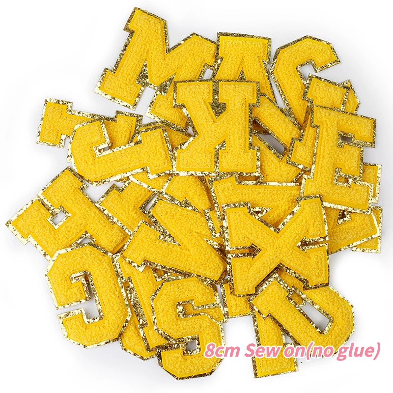 

Yellow Letter Sequins Patches Towel Embroidered Alphabet Felt Chenille Sew on Patch for DIY Accessories Applique Glitter A-Z 8CM