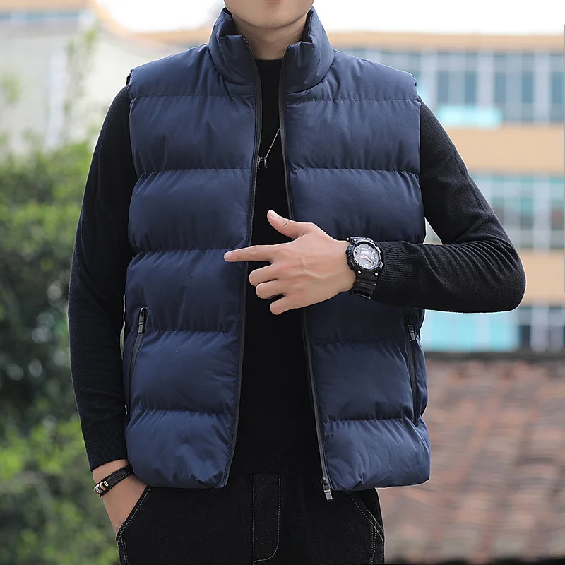New Men's Down Cotton Vest Autumn Winter Sleeveless Casual Jacket Vest Thickened Warm Zipper Stand Collar Quilted Shoulder Coat