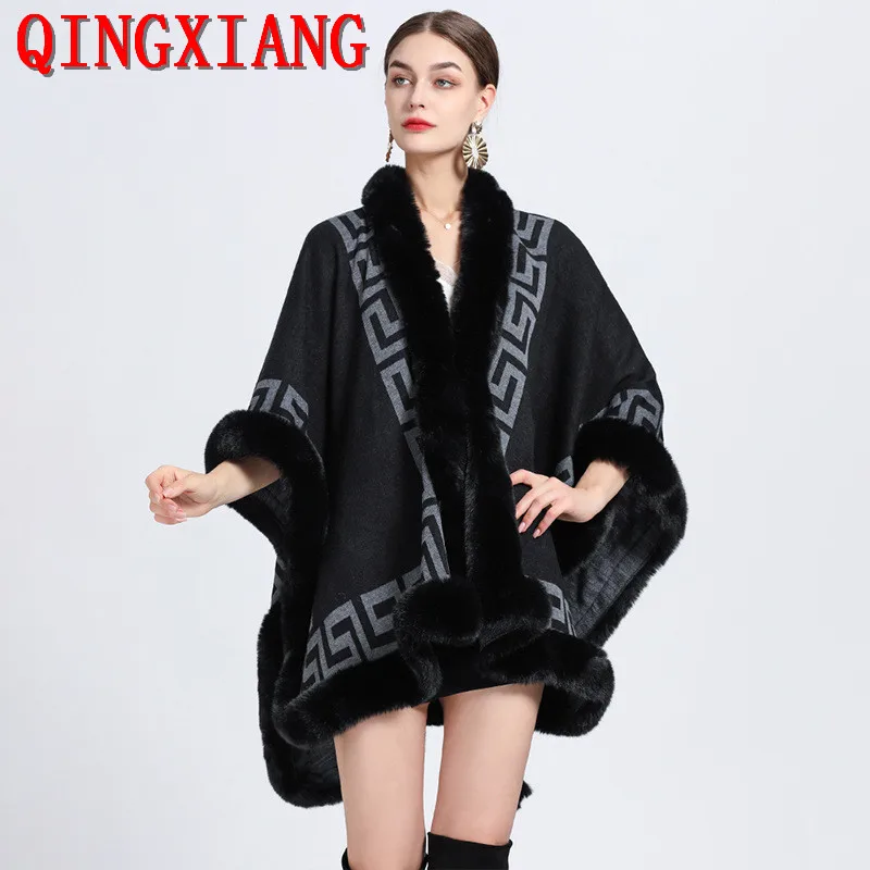 4 Colors Women Winter Thick Knitted Loose Printed Striped Poncho Big Pendulum Shawl Cloak Long Faux Fur Collar Long Capes Coat