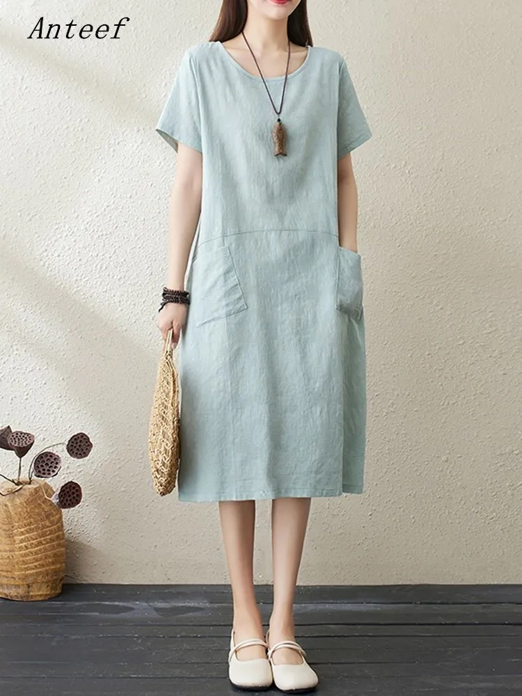 

short sleeve oversized cotton linen vintage floral new in dresses for women casual loose midi summer dress elegant clothing 2023