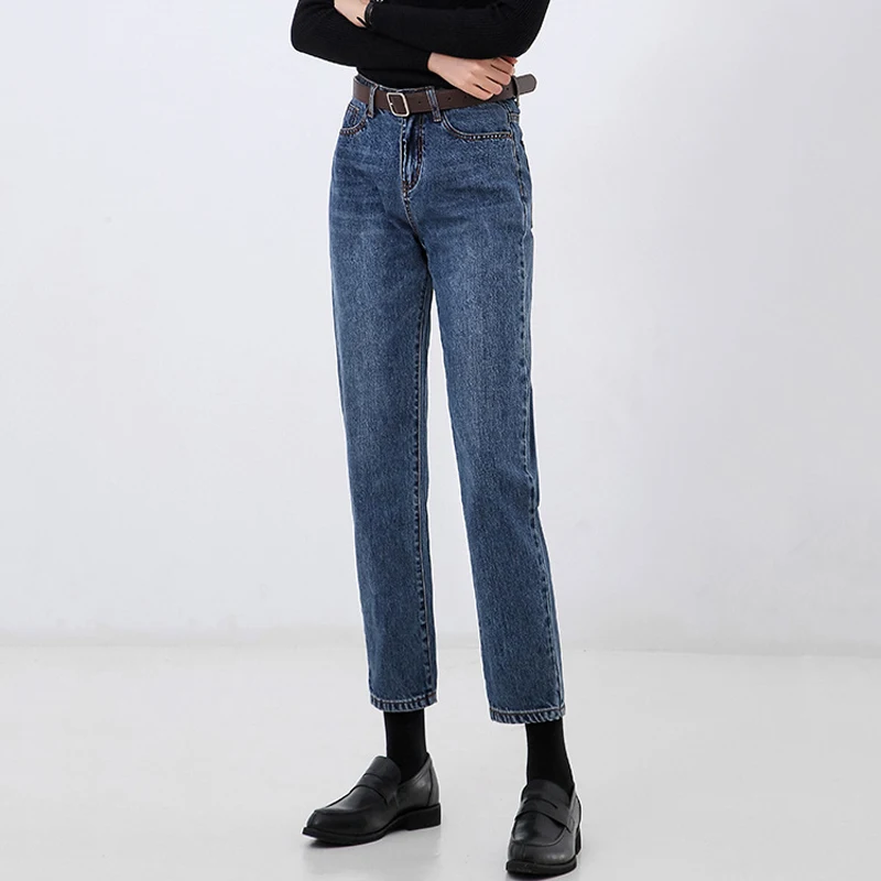 

DASSWEI High Quality Women Cotton Straight Denim Pants Casual High Waist Ankle Length Jeans Female Elastic Long Blue Trousers