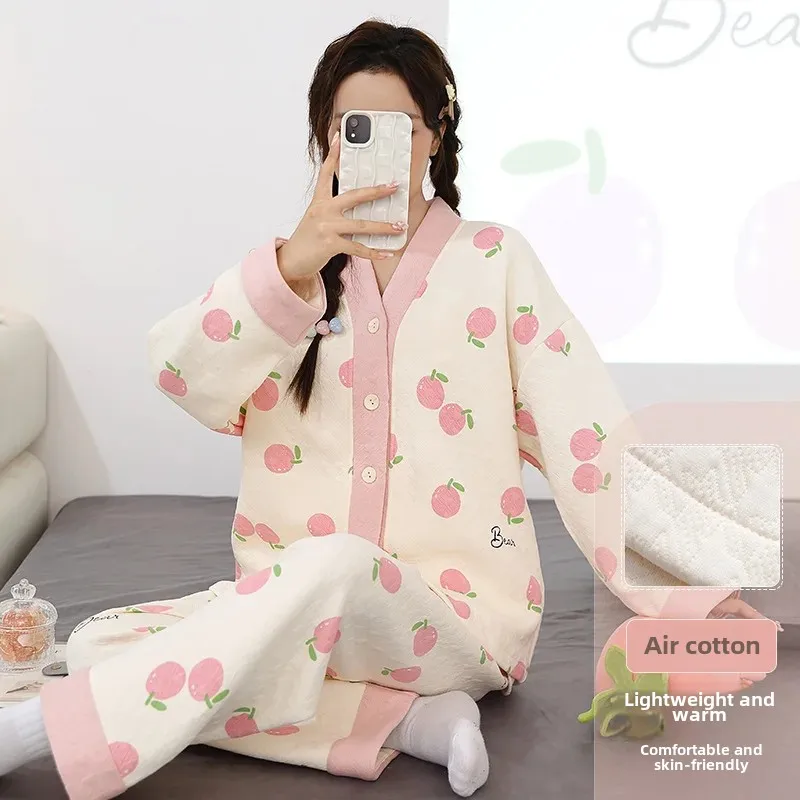 Women's Autumn Winter Thickened Cotton Long Sleeve Air Layer Cardigan Kimono Outerwear Homewear V-Neck Pajama Set