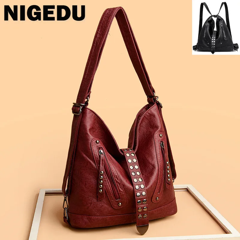 

Multifunction Women Shoulder Bag Large Capacity Rivet PU Leather Crossbody Bag Ladies Handbags Sac Designer Daypack bagpack