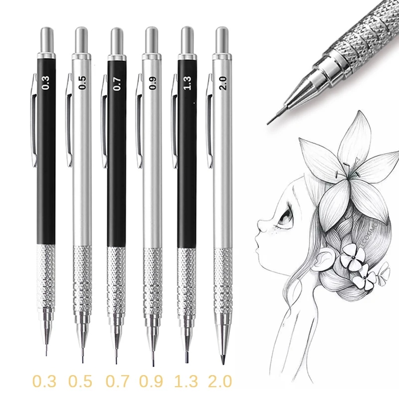 

Kawaii Art Painting Mechanical Pencils 0.3 0.5 0.7 0.9 1.3 2.0mm Drawing Pencil Set Black Silver Metal Pen Cute School Supplies