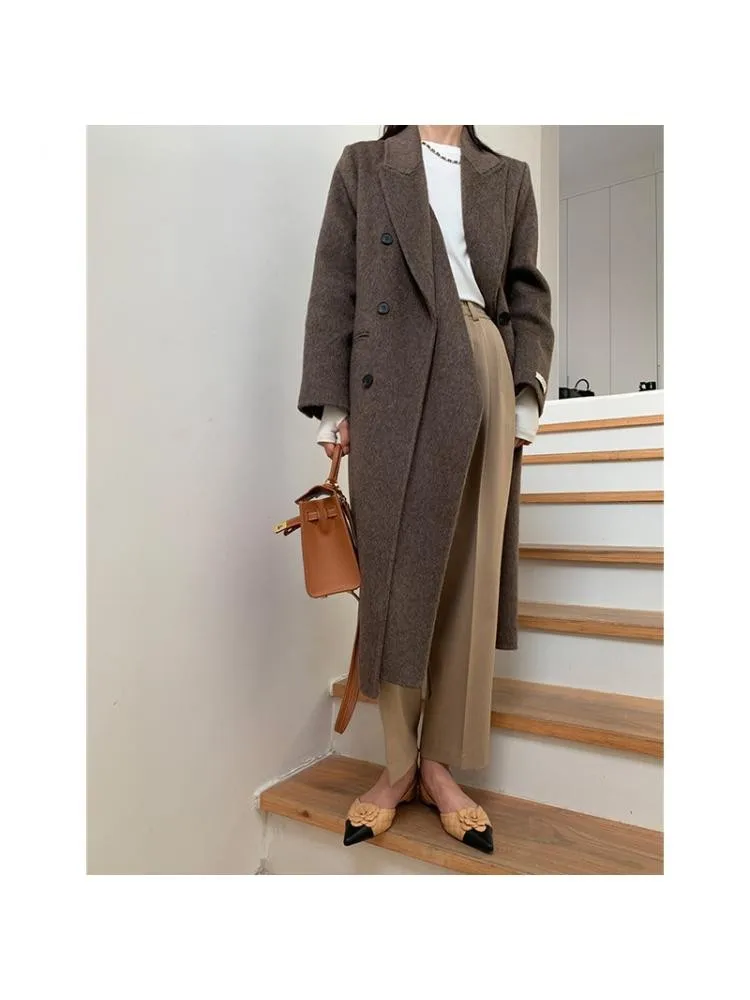 

Женское длинное шерстяное пальто, серое пальто ручной работы с двойной планкой и воротником-капюшоном из смешанной шерсти и кролика, зима ...