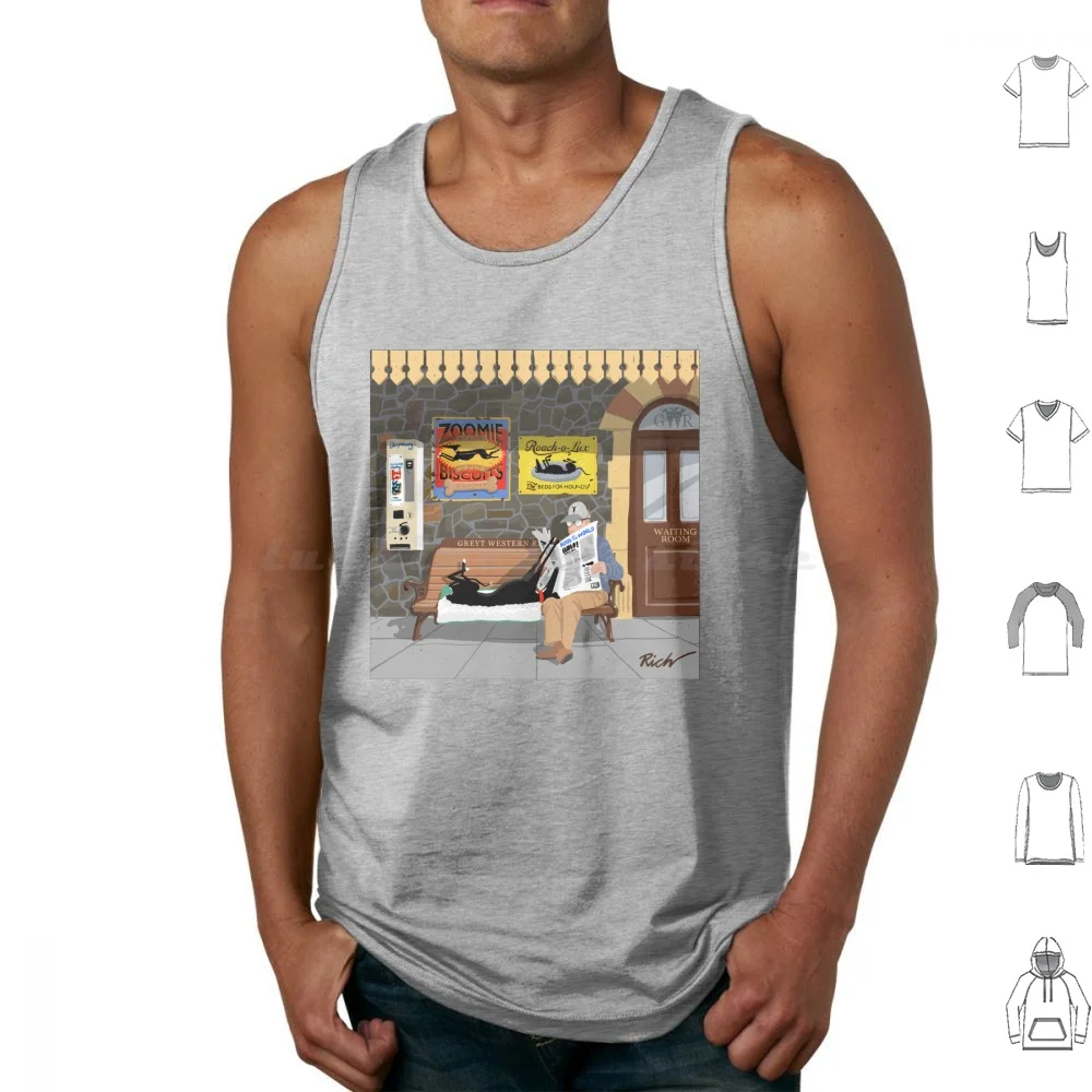 

Waiting Tank Tops Print Cotton Greyhound Whippet Lurcher Rich Skipworth Skipworth Hound Dogs Summer Holiday Sunshine