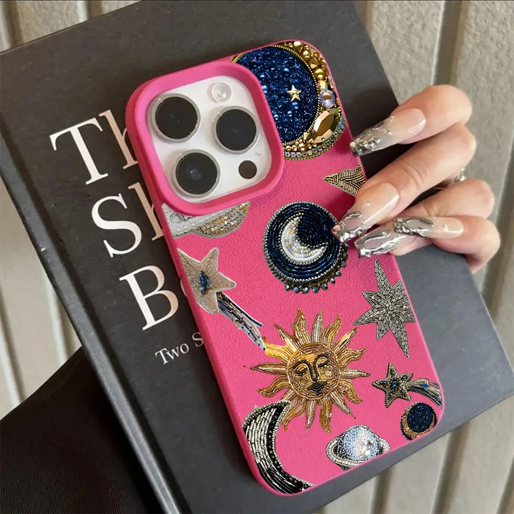Чехол Sun Moon Star с текстурой личи для iPhone 17 16 15 14 13 12 11 Pro Max, в стиле бохо, с астрологическим дизайном, противоударный, из мягкого ТПУ (art.: 3920da3337bf1) - 3920da3337bf1