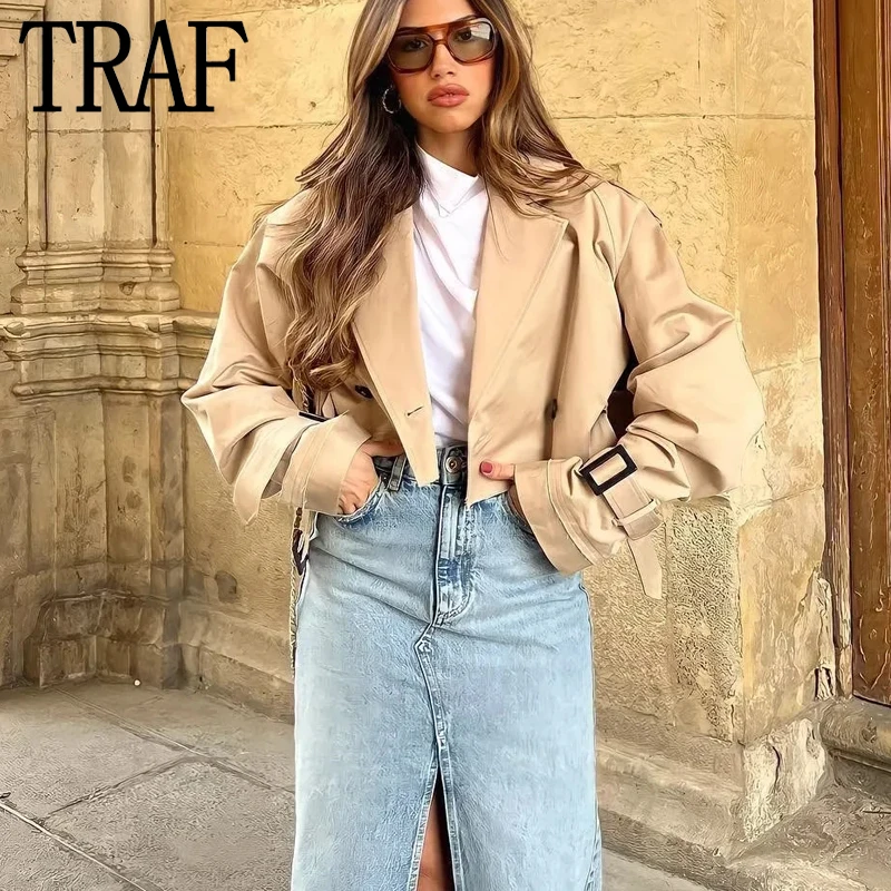 

TRAF 2023 Woman Trench Coat Autumn Cropped Jacket For Women Windbreaker Streetwear Long Sleeve Chic And Elegant Woman Jacket