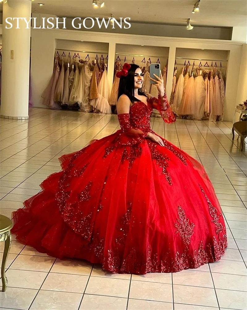 

Cinderella Red Sweetheart Quinceanera Dresses Sequined Ball Gown Beaded Formal Prom Graduation Gowns Princess Vestidos De 15 Año