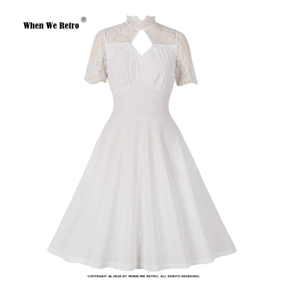 

Женское кружевное платье составного кроя, белое винтажное ТРАПЕЦИЕВИДНОЕ ПЛАТЬЕ С Коротким Рукавом, модель VD3763 на лето, 2023