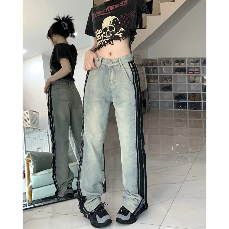 

Женские джинсы контрастных цветов, винтажные широкие брюки в американском стиле, прямые летние женские джинсовые брюки Y2K, 2023