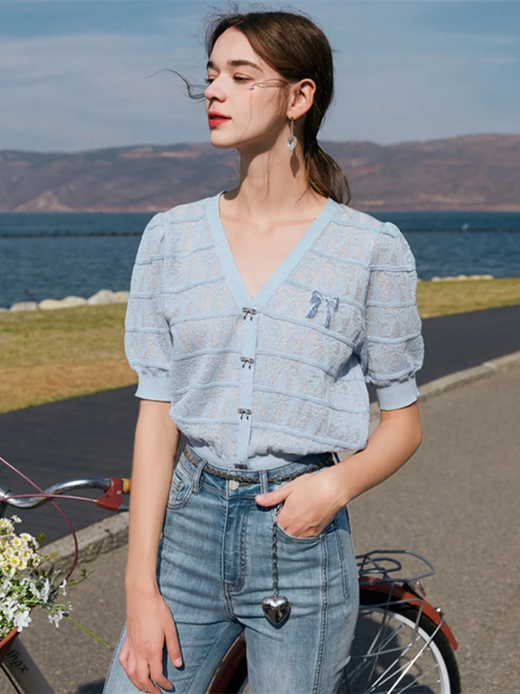 

See Through Bows Pink Top 2021 Cute V neck Short Sleeve Perspective Loose Thin Knitted Shirt Summer Cardigan Women Clothing
