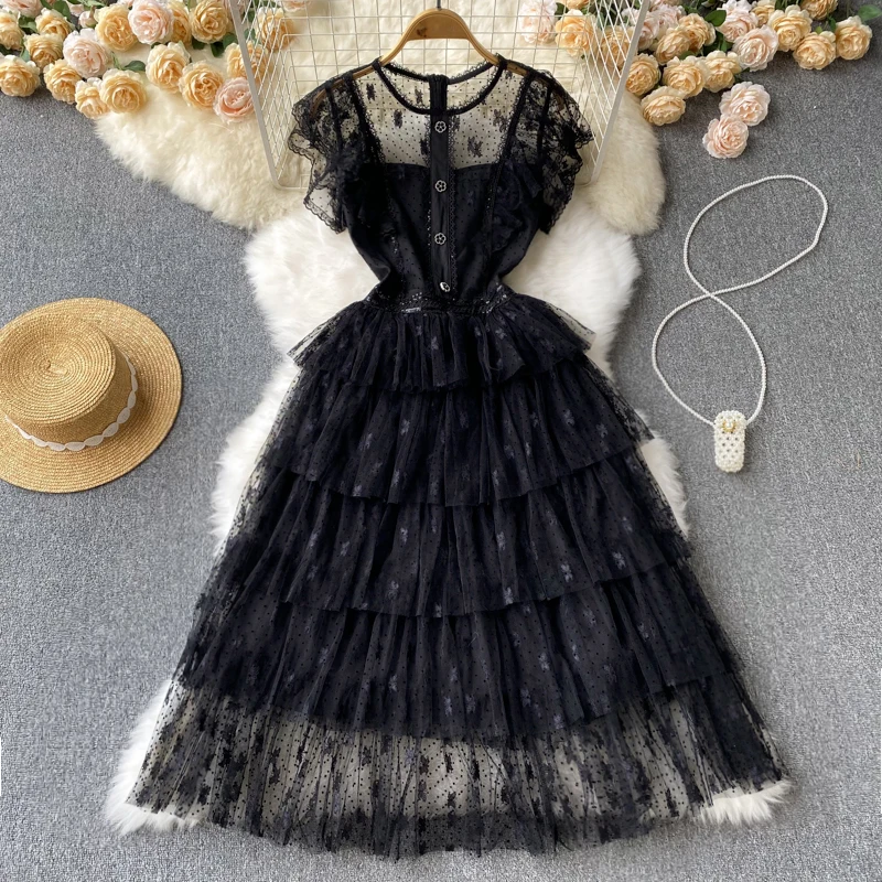 

Новинка 2022, маленькое черное платье в стиле ретро, французское милое Привлекательное платье с застежкой на талию, Сетчатое женское платье