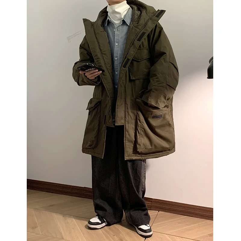 Winter Jacket Men Warm Fashion Retro Pocket Long Down Jacket Men Korean Loose Oversized Thick Hooded Coat Mens Parker Overcoat