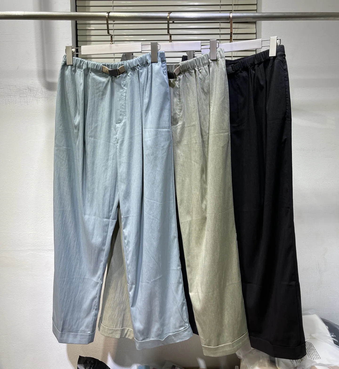 Linen cotton blended women casual solid straight pants elastic waist chain pant