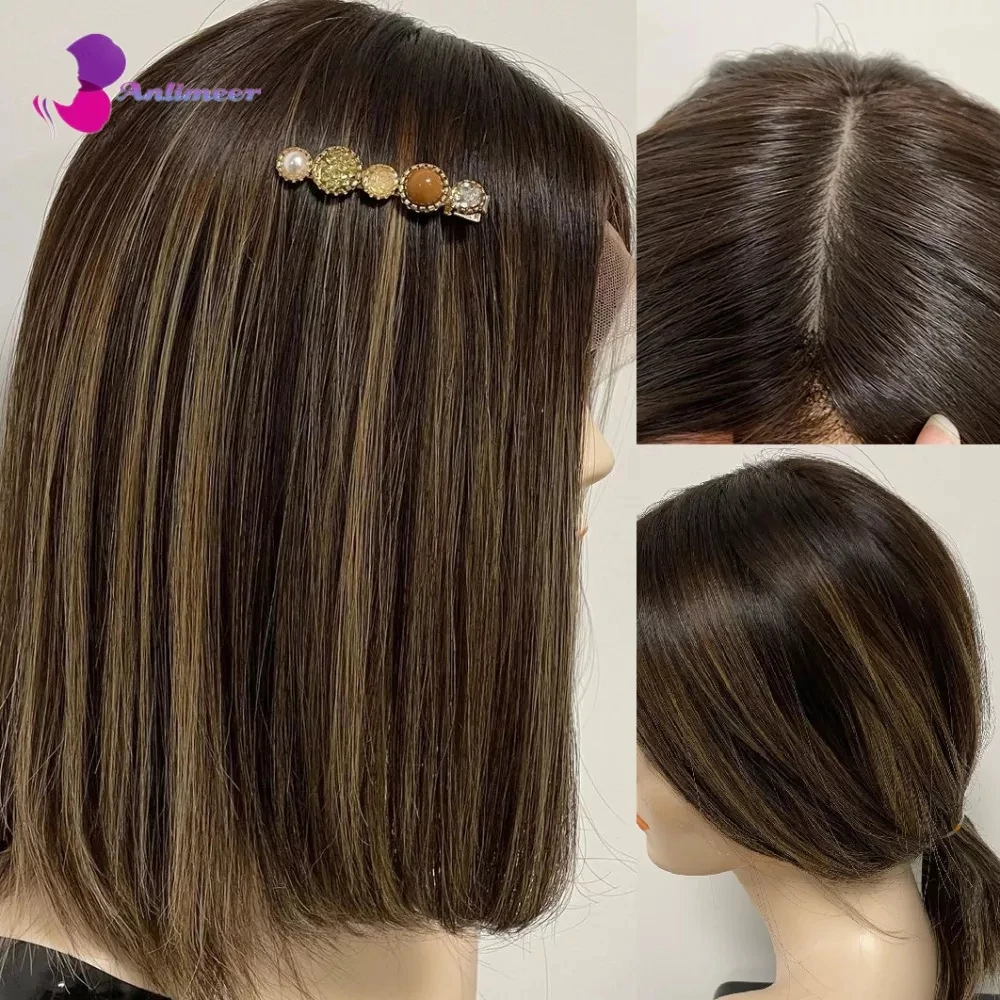 Silk Base Wig Highlight Lace Front Wig Human Hair Light Ash Brown Highlight Wig Human Hair Lace Front 13x4 Short Bob Wigs