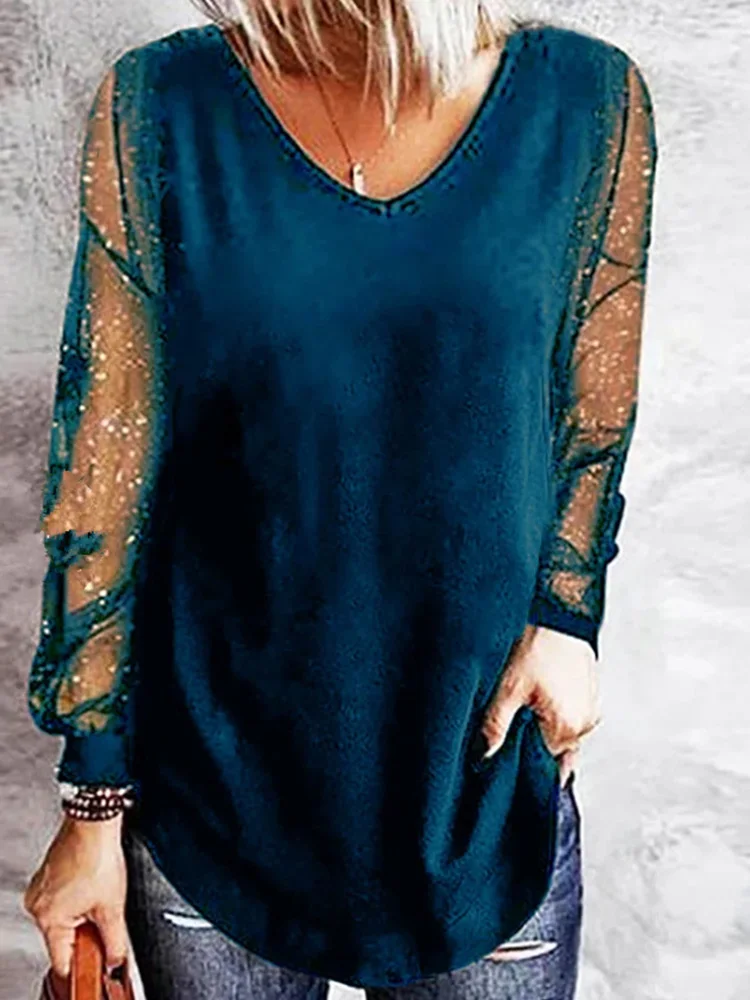 

Блузка женская однотонная с V-образным вырезом, Модная элегантная Простая рубашка для поездок, повседневный топ с сетчатыми вставками и бле...