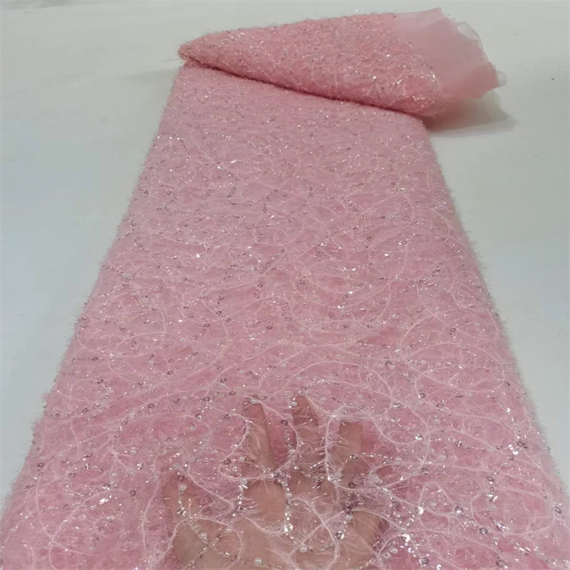 

High Quality African Beaded Lace Fabric 2022 Fashion Embroidered Sequins French Mesh Lace For Nigerian Party TC-225
