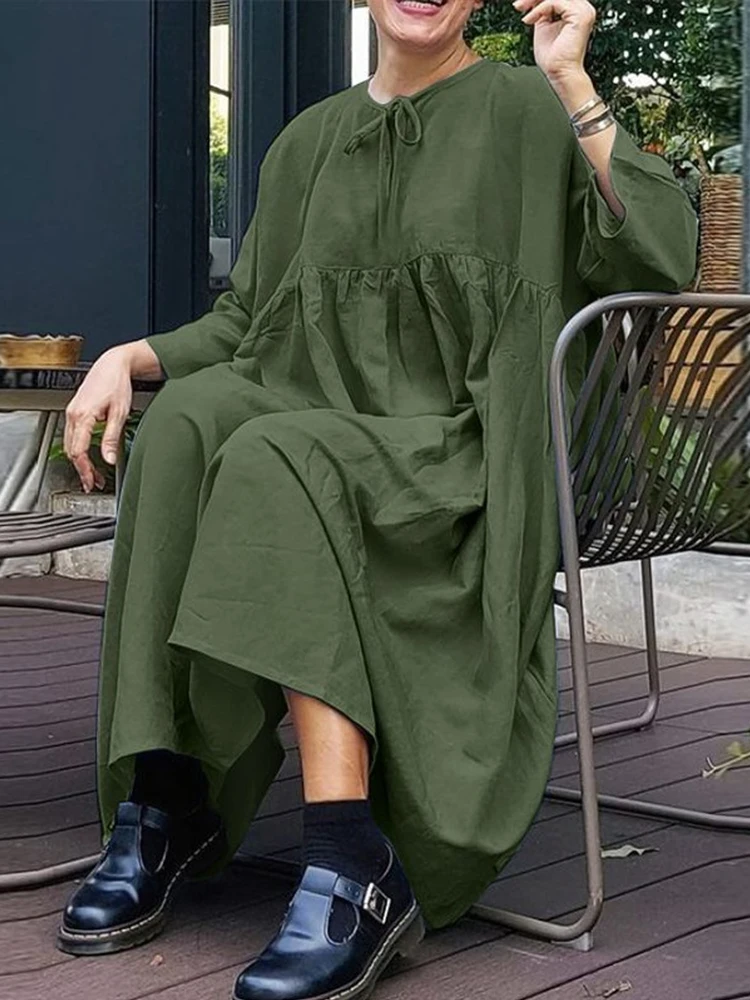 

Casual Fall Half Sleeve Loose Dress Ladies Fashion Solid O Neck Lace-up Pullover Dress Office Women Cotton Linen Simple Dresses