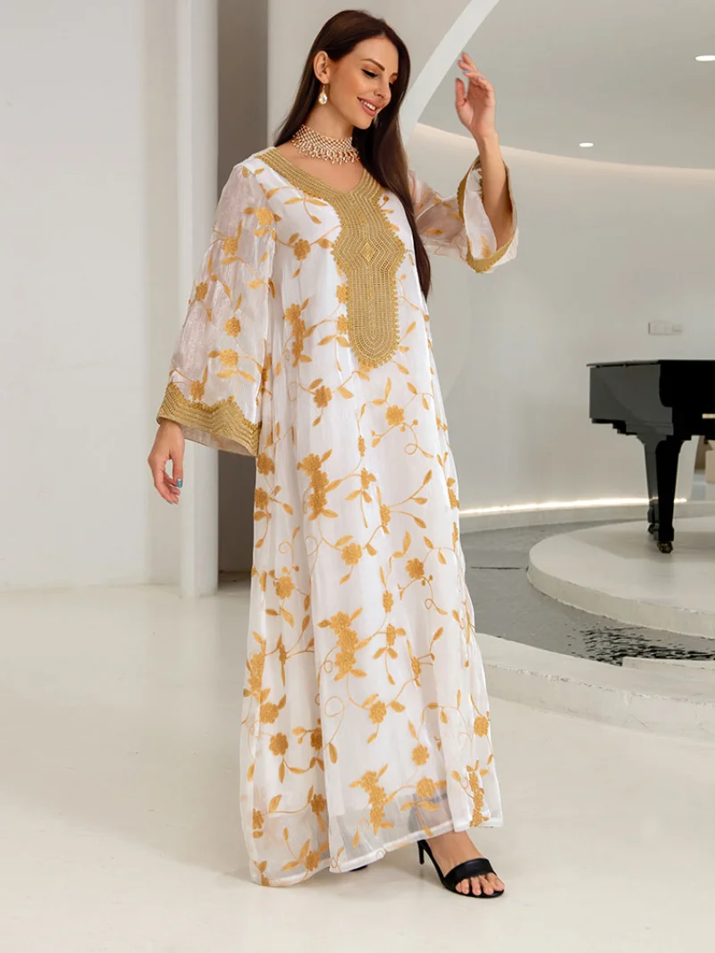 White Kaftan Arabic Evening Long Dress Women Golden Embroidered Muslim Moroccan Party Caftan Gulf Jalabiya Wedding Dubai Abaya