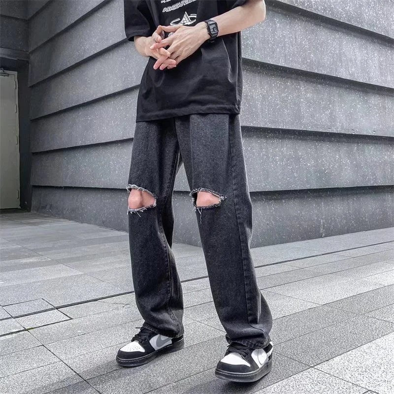 Blue Black Ripped Baggy Jeans Men Fashion Casual Straight Jeans Men Streetwear Loose Hip Hop Hole Denim Pants Mens Trousers