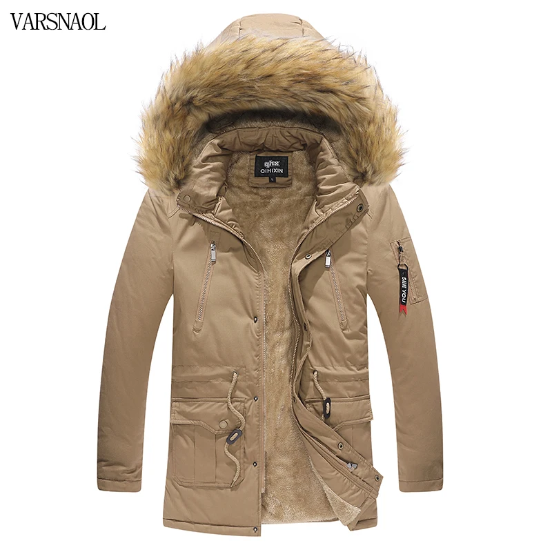 Varsanol Winter Mens Jacket Parkas Hooded Fur Collar Men Clothes Thick Warm Fleece Lined Jacket Outdoor Mid-Long Jacket Coat Man