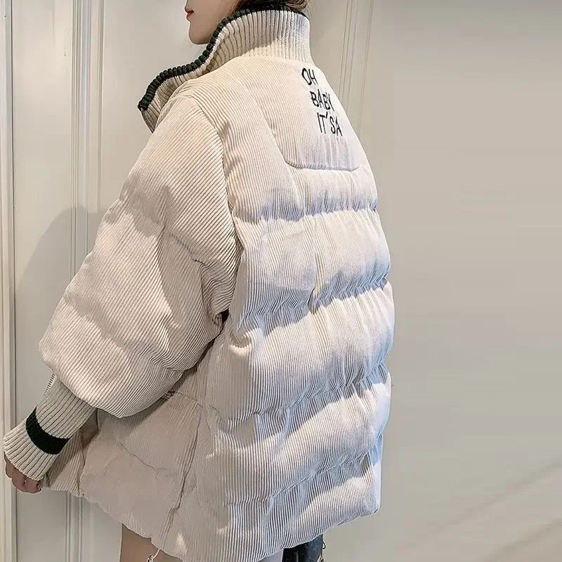 

Winter Thick Warm Puffer Jacket Women Stand Collar Corduroy Parka Down Cotton Coat Zipper Long Sleeve Oversized Korean Outerwear