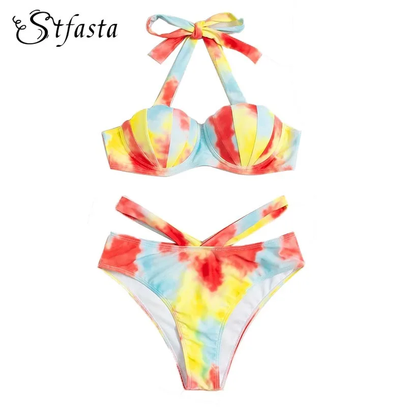 

Женский купальник с лямкой на шее STFASTA, бикини с боковым вырезом и принтом, пляжная одежда, модный сексуальный купальник, лето 2022