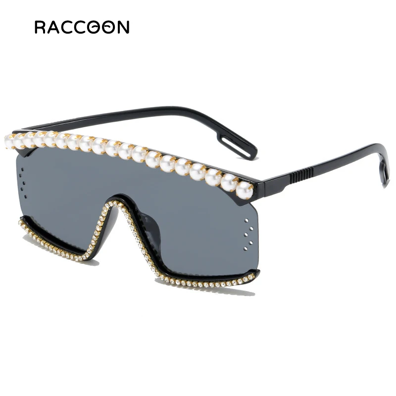 

Vintage Oversized Sunglasses Women Diamond Big Frames Pearl Sun Glasses Fashion Goggle Female Brand Shades One Piece Eyewear
