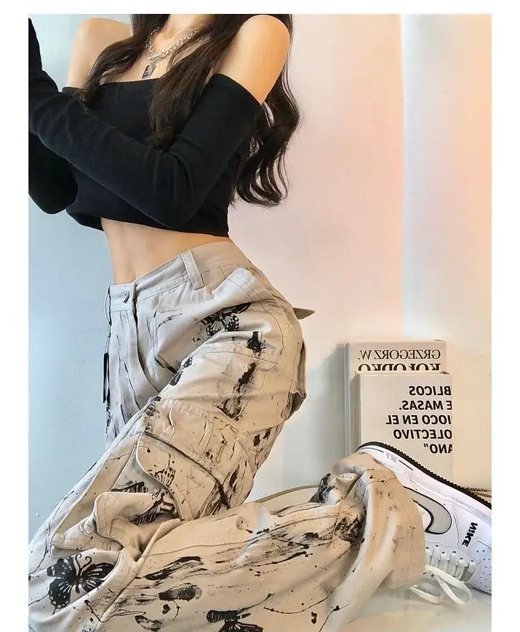 

women spring Splattered ink tie-dye butterfly tooling pants American y2k straight loose hot girl high street design pants womens