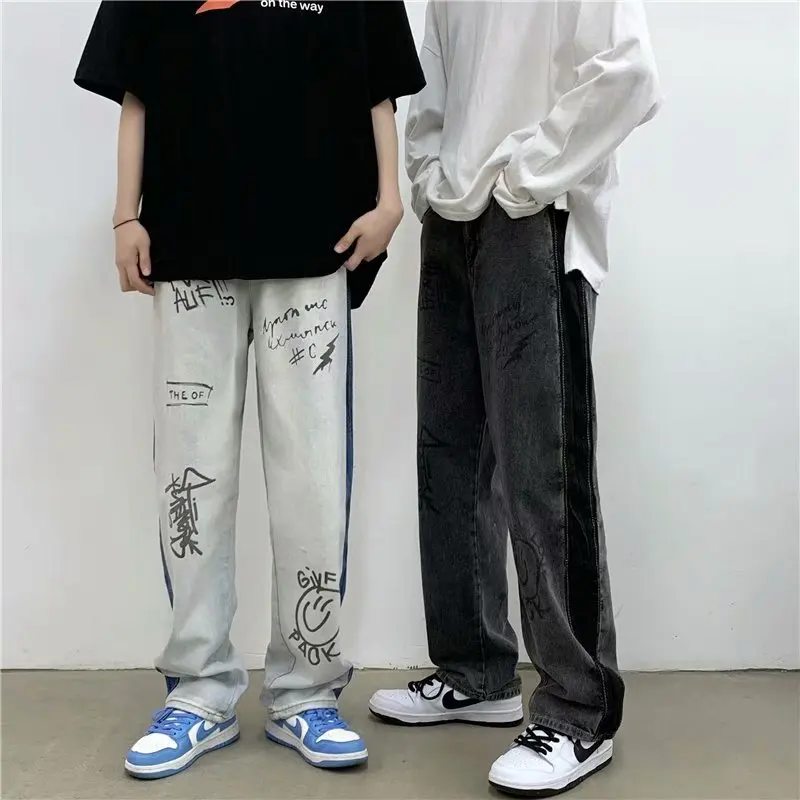 Four Seasons Men's Jeans Loose Fashion Floor Trousers Personality Printing Straight Loose Fashion Brand Streetwear Ins Hot Sale
