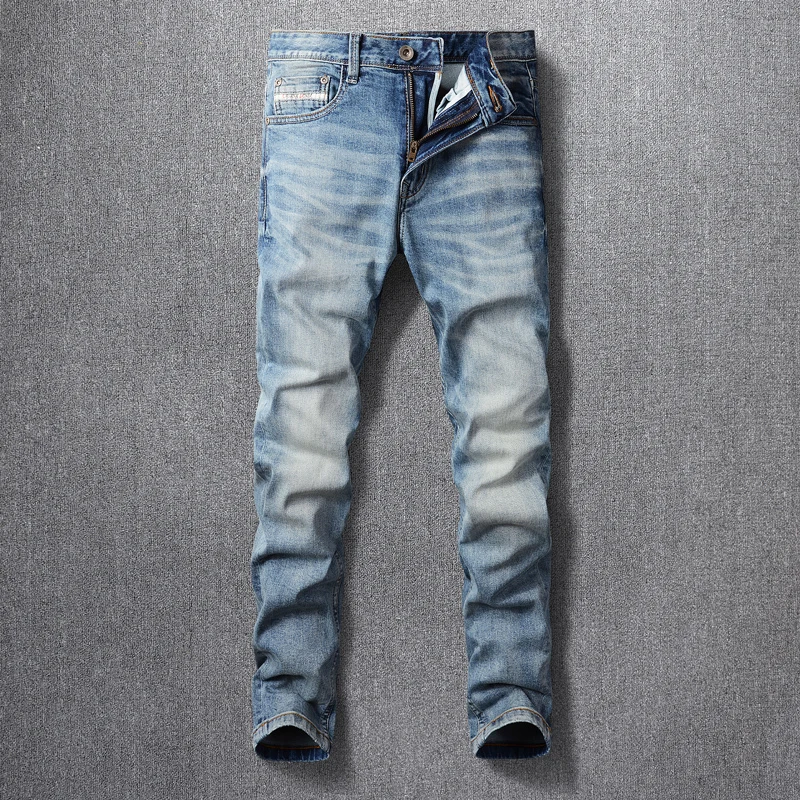 

Style Fashion Men Jeans High Quality Retro Light Blue Stretch Slim Fit Ripped Jeans Men Vintage Designer Pants Hombre