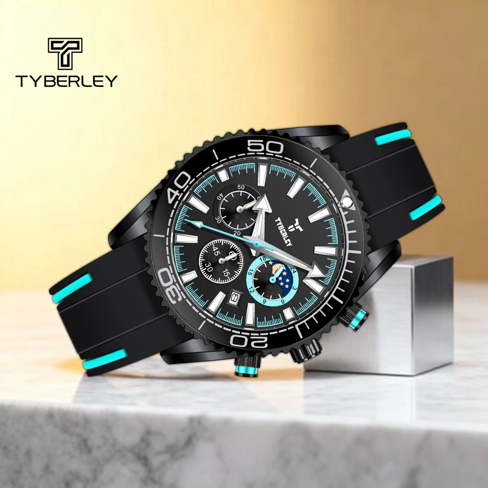 Фото TYBERLEY 2026, мужские кварцевые часы, простые, эффективные, с пряжкой, кварцевые часы, материал из сплава, резиновый ремешок, светящаяся стрелка, хронограф №1