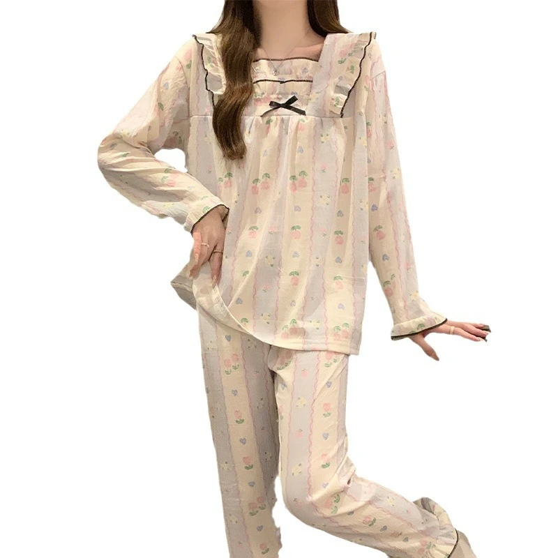 Милая женская пижама одежда для сна с бантом и квадратным вырезом Повседневная