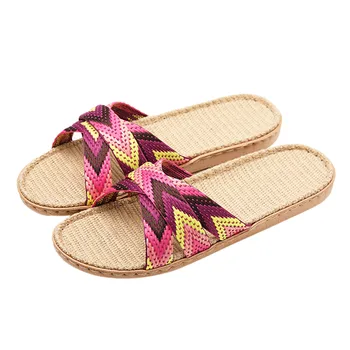 Women Linen Slippers Summer Newest Mixed Colors Cross Strap Flat Fashion Household Sandals Floor Bath Beach Non Slip Slippers 1